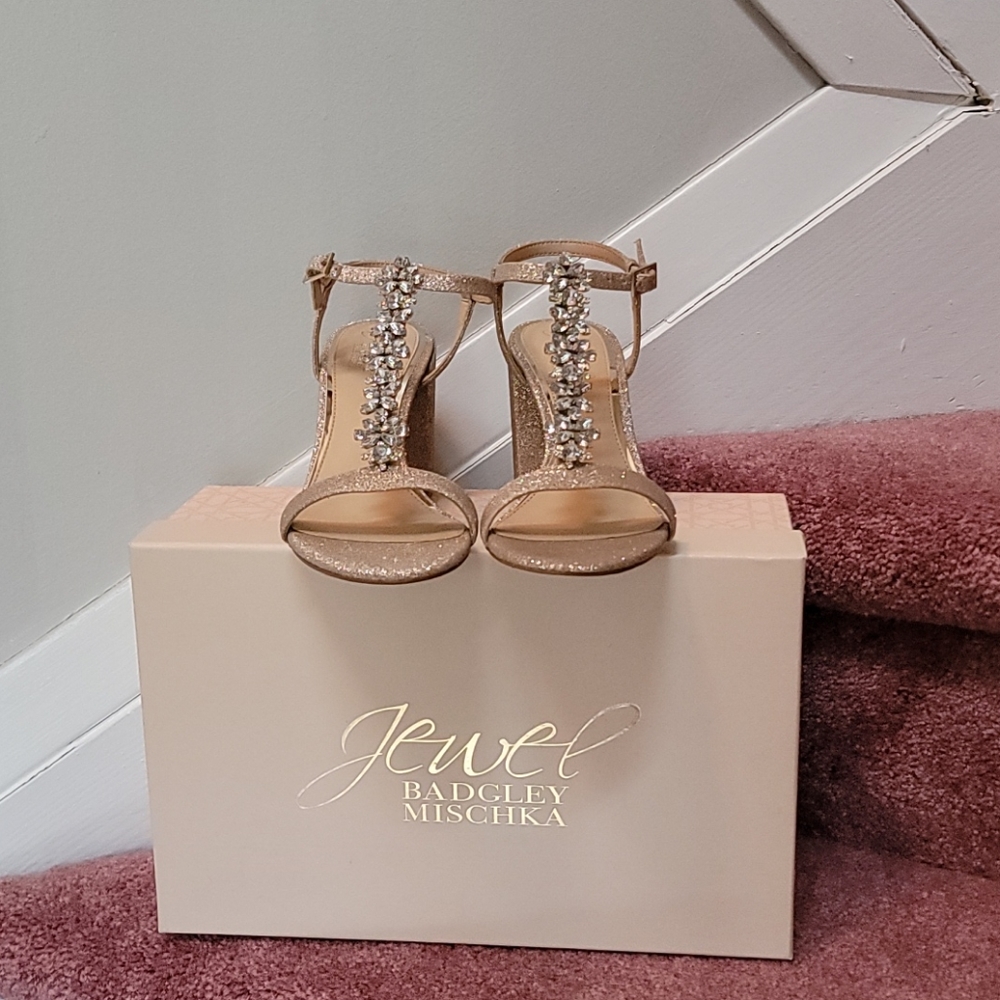 Badgley Mischka Gold Glitter Raina Block Heels